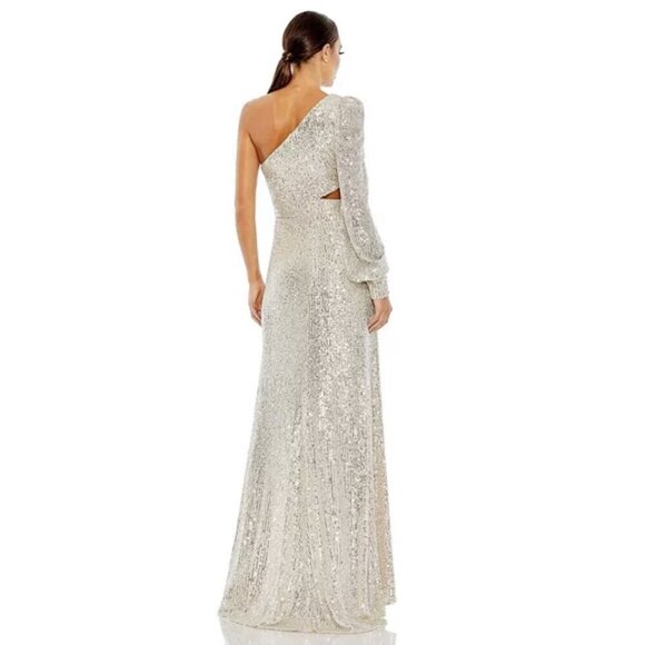 NWT Ieena for Mac Duggal Dress Silver One Shoulder Sequin Gown Slit Formal - Picture 2 of 13
